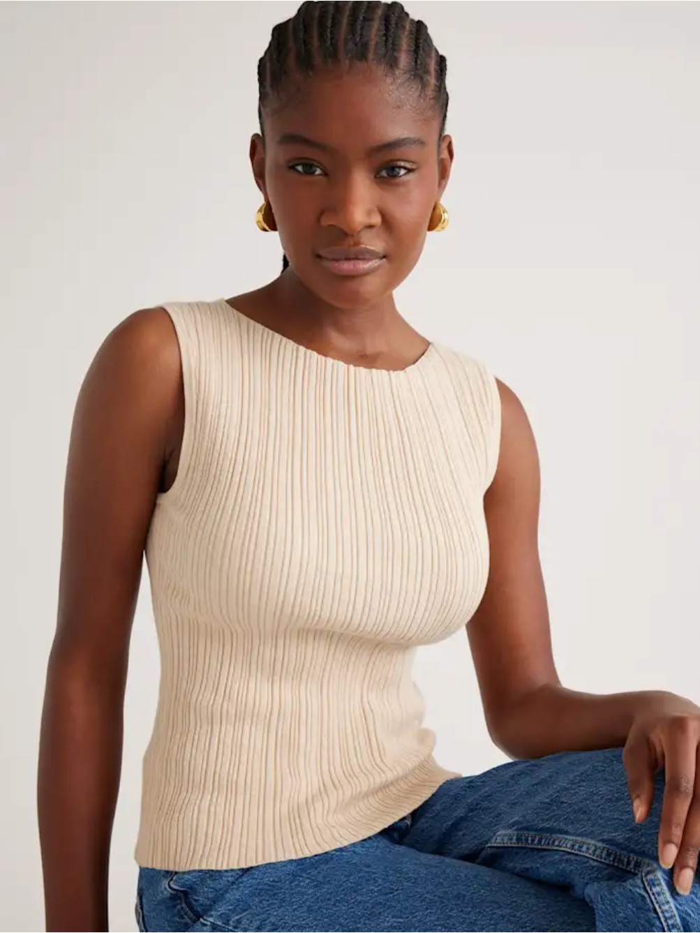 Quince Organic Cotton Cashmere Ribbed Knit Tank Top Heather Oatmeal Size Small